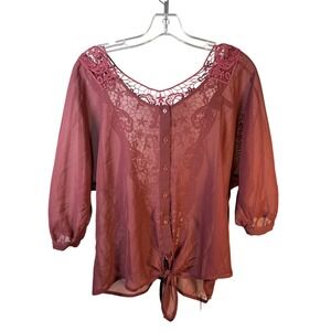 Full‎ Tilt Burgundy Lace Crochet V Neck Tie Front Sheer Blouse Top S